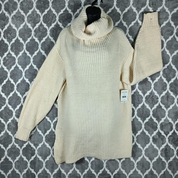 Free People Sweater Womens Medium Cream Turtleneck Ribbed Tunic - Picture 1 of 12